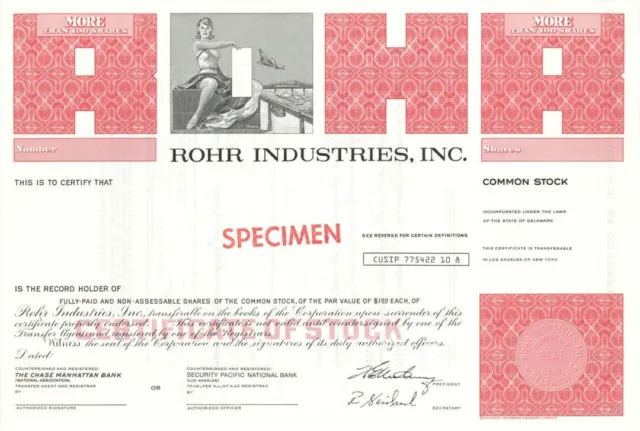 Rohr Industries, Inc. - 1969 dated Specimen Stock Certificate - Specimen Stocks