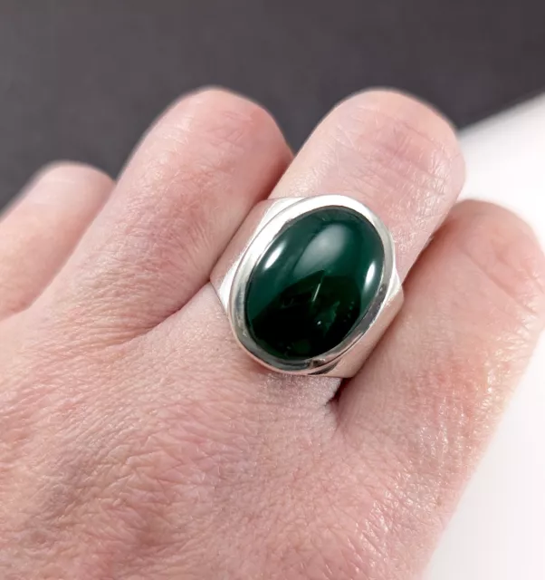 Vintage Irish Sterling Silver Ring with Green Onyx - Size U - 1960s Modernist