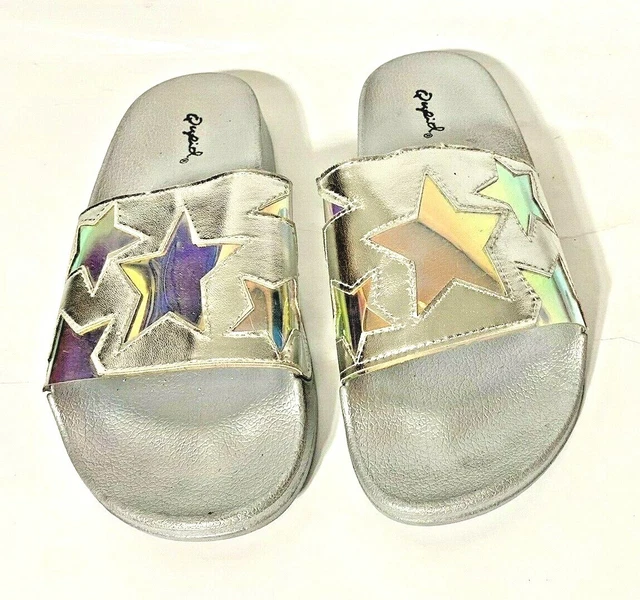 Qupid Booboo Silver Metallic Star Slides Sandals - Size 7
