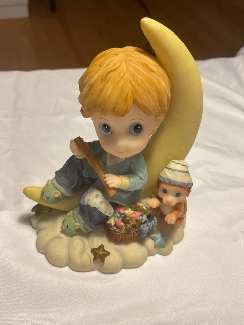 Montefiori Collection Figurine Boy Before Bedtime Moon Puppy Cat 8” 5