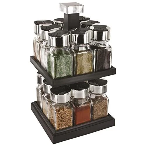 Carrousel à épices S&D KB5754 - 8 Pots En Verre - Distributeur Rotatif - Couvercles Double Clapets - Dimensions 17x16x16 Cm - Noir/gris/transparent