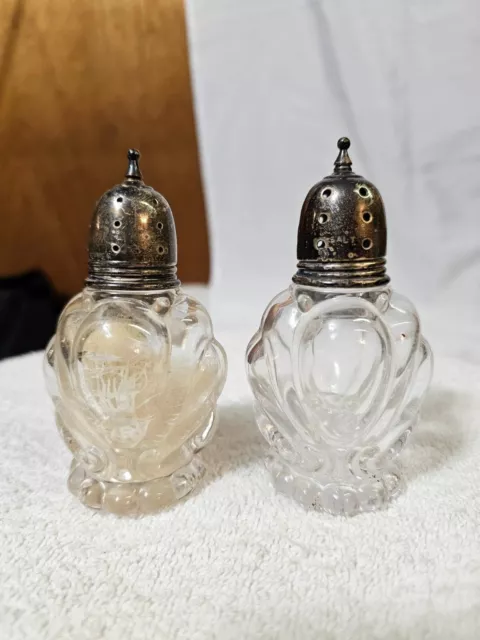 Vtg Heisey Waverly Salt & Pepper Shaker SET Domed Glass Sterling Silver Lids