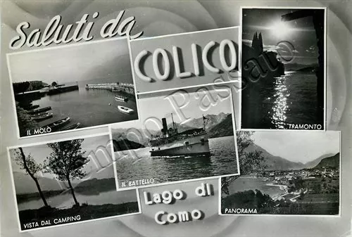 Cartolina Saluti da Colico, molo e battello sul lago - Lecco, 1958