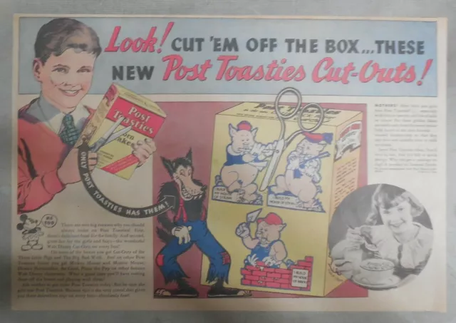 Post Cereal Ad: Walt Disney 3 Little Pigs Cut-Outs ! 1934 Size: 11 x 15 inches