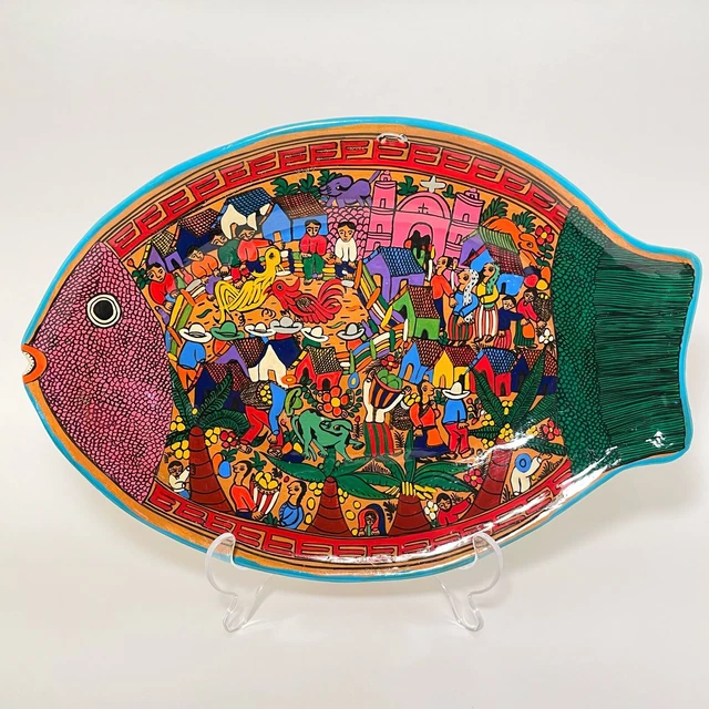 MEXICAN FOLK ART Fish Plate Wall Platter Hand Painted Clay Pottery 14