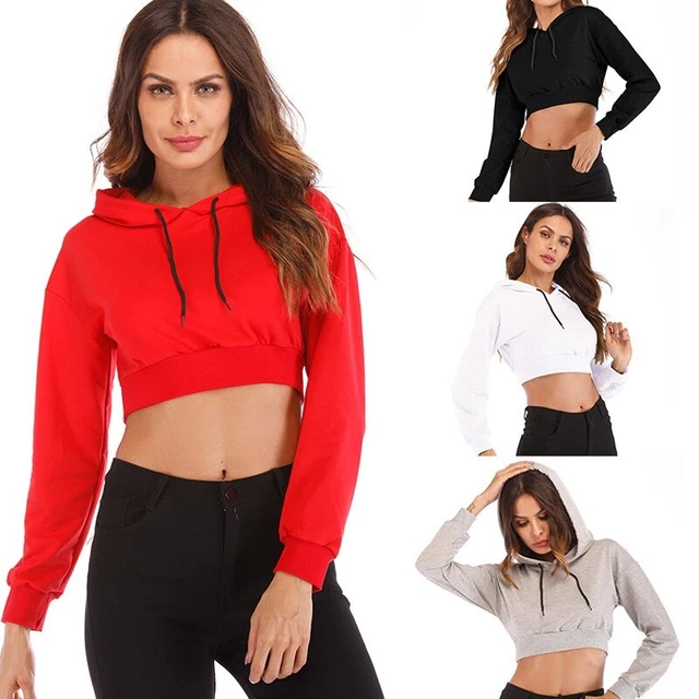 Donna Corto Felpa con Cappuccio Felpe Maglia Pullover Casual Sport Nero Nuovo