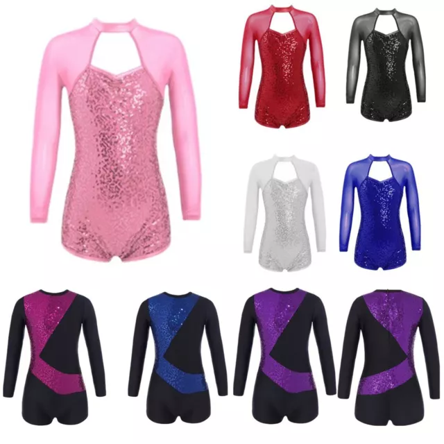 Kids Girls Sequin Dance Gymnastics Leotard Ballet Long Sleeve Athletic Dancewear