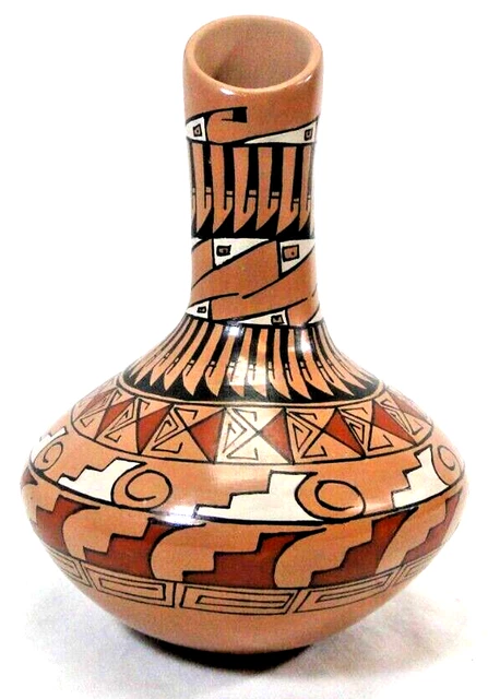 Mata Ortiz Hand Painted Tan Geometric Pottery Vase Signed by Artist Rosy Mora
