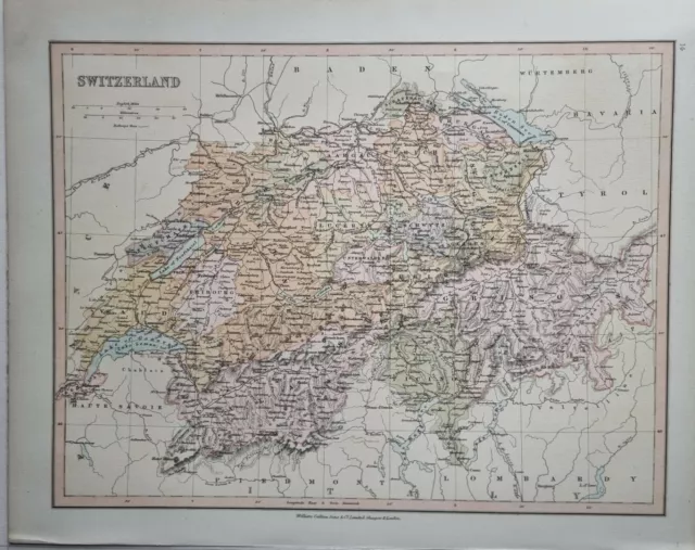 1878 Antique Map Switzerland Geneva Fribourg Grisons Zurich Lucerne Schwytz