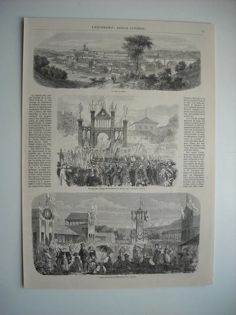1857 Engraving. Swiss. The Federal Shot At Berne.vue Of Berne. Passage Of The Procession...