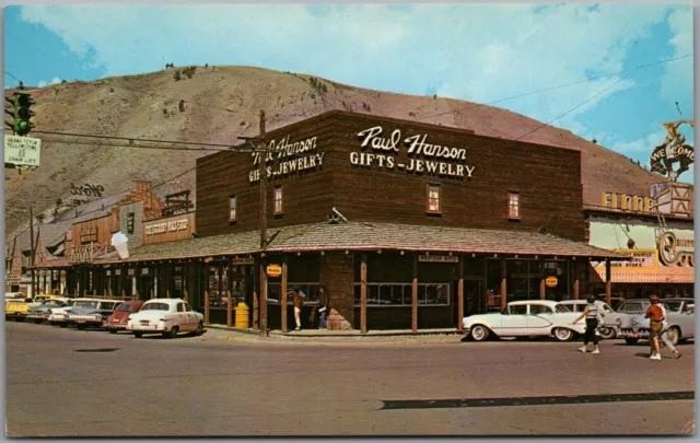 1950s Jackson Hole, Wyoming Postcard "Main Intersection" Street Scene / Chrome