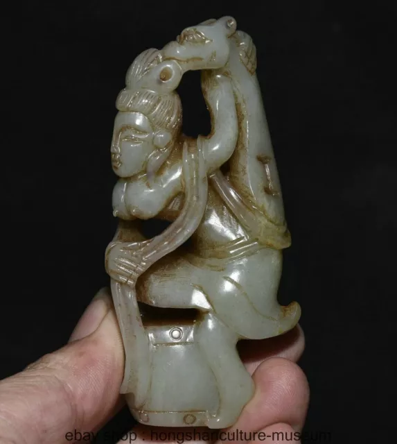 4  " Rare Old Chinese Hetian Jade Carving Dynasty Beautiful woman Beast Statue