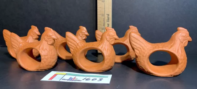 6 Ceramic Rooster NAPKIN RING Holders Chicken Hen Terra Cotta Bisque