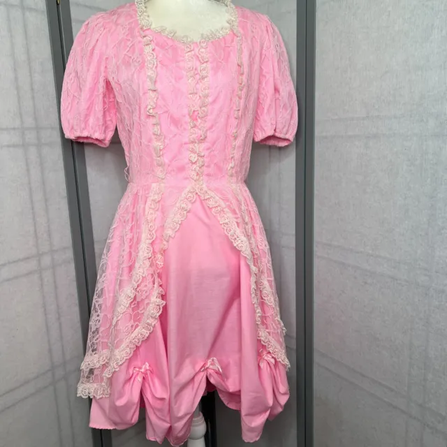 Vintage Square Dance Dress Womens Medium Pink Layered White Lace