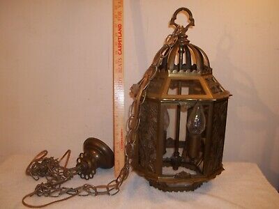 Vtg MCM GOTHIC ORNATE SOLID HEAVY BRASS GLASS HANGING CEILING SWAG LIGHT FIXTURE