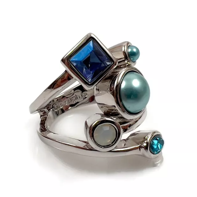 Vintage Lia Sophia COMET Silver Blue Bead Aurora Borealis Crystal Opal Ring