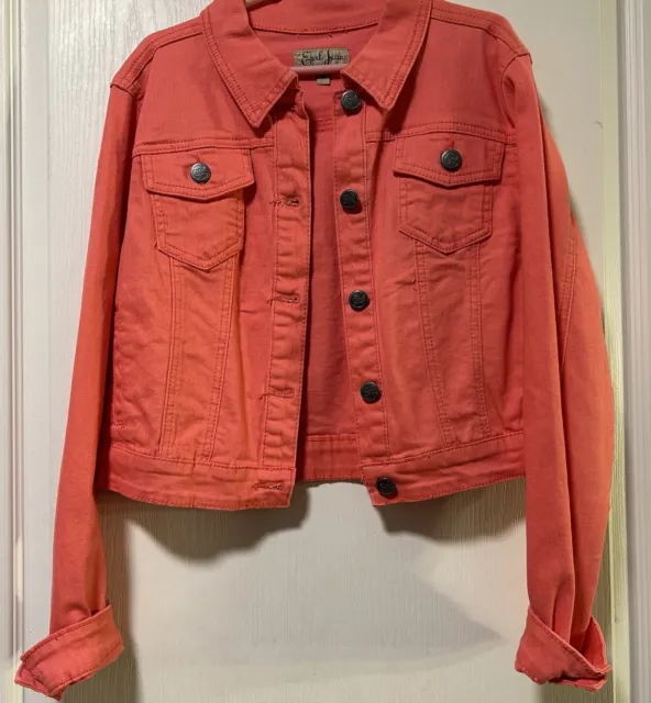 Earl Jeans Cropped Coral Pink Denim Jean Jacket Button Up Pockets Size Medium