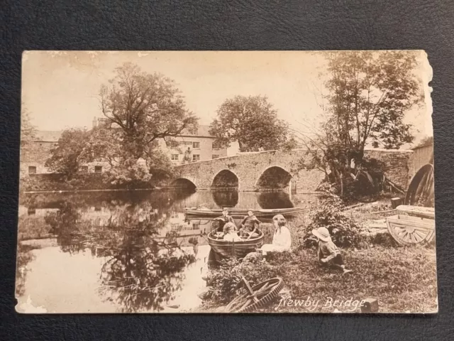 Newby Bridge Postcard C1910 Swan Hotel Local Kids Rowing Boat Bridge Cumbria