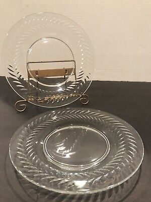 Pair Of Vintage Clear Pressed Glass 8” Plates With Double Diamond Cut Bands