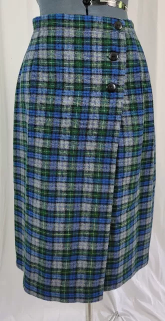 Vintage JR Bentley Blue/Green/Grey Plaid Wool Blend Wrap Skirt Size 11/12