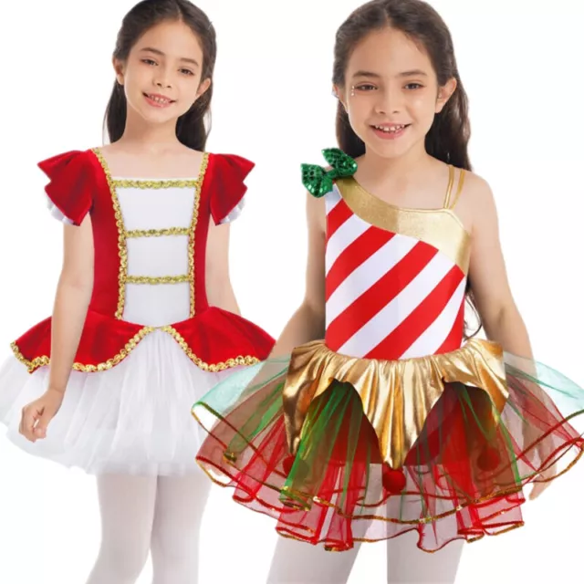 UK Kids Girls Christmas Candy Cane Striped Dress Ballet Dance Carnival Costume 2