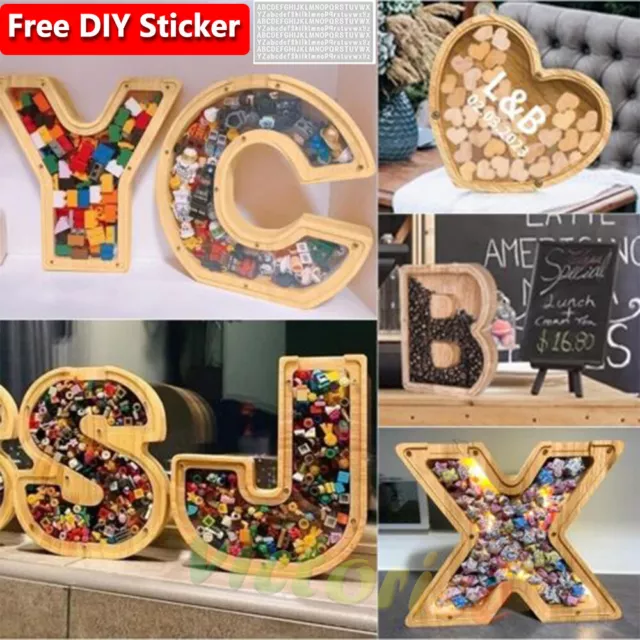 Wooden Letter Piggy Bank for Kids Money Box & DIY Sticker Gift for Kids Adult