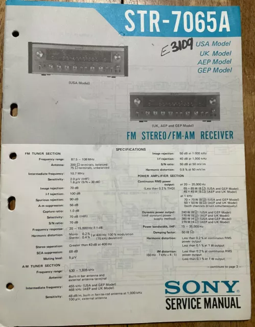 Sony Str-7065A Fm Stereo Fm-Am Receiver Original Service Manual