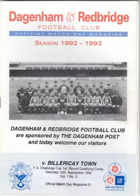 Dagenham & Redbridge v Billericay Town 1992/3 (12 Sep) FA Cup Qual Rnd.1