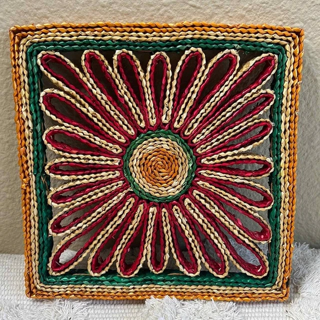 Vintage Woven Wicker Trivet Boho use as Art Basket Wall or Hot Pad Flower Square