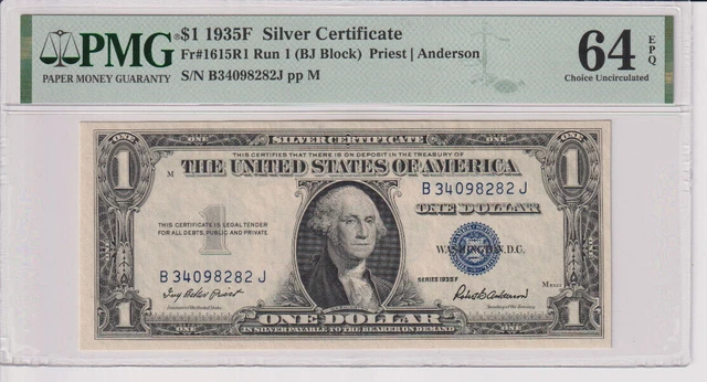 Fr 1615-R1 1935F $1 SC B34098282J RUN 1 PMG 64EPQ SERIES 1935-F SILVER CERT