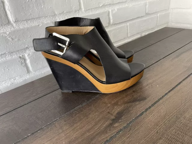 Michael Kors Josephine Wedge wooden platform Black Leather sandals size 8 M