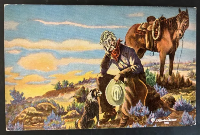 Postcard That New Range Ahead Artist L H Dude Larsen Cowboy Horse Dog