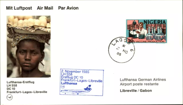 LUFTHANSA Erstflug 1st Flight 1985 Frankfurt Lagos Libreville Briefmarke Nigeria