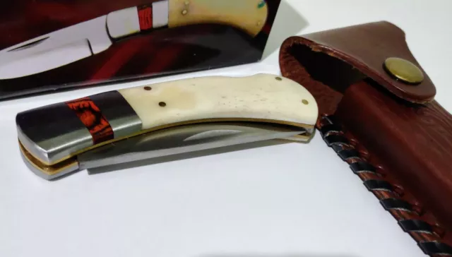 Round Butt Lockback Hunting Pocket Knife W/ Sheath Case White Bone !