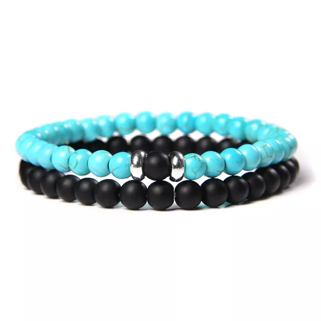 Coppia Bracciale con perle NERO pietre TURCHESE naturale Uomo Donna braccialetto