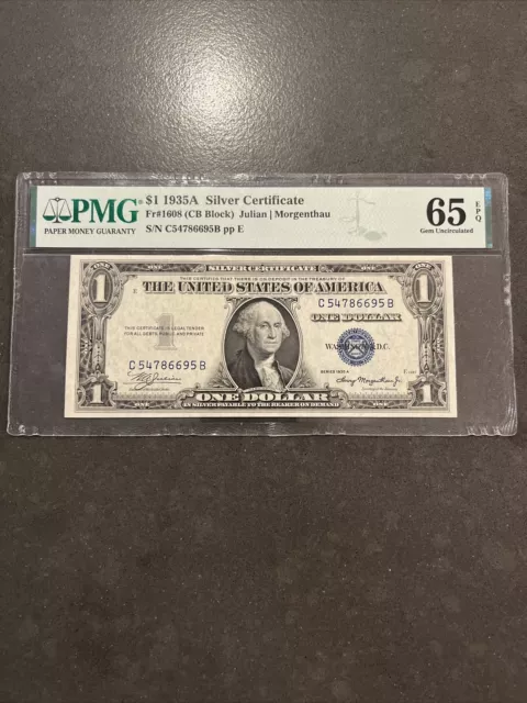 Silver Certificate FR 1608 $1 PMG 65 EPQ 1935A CB Block