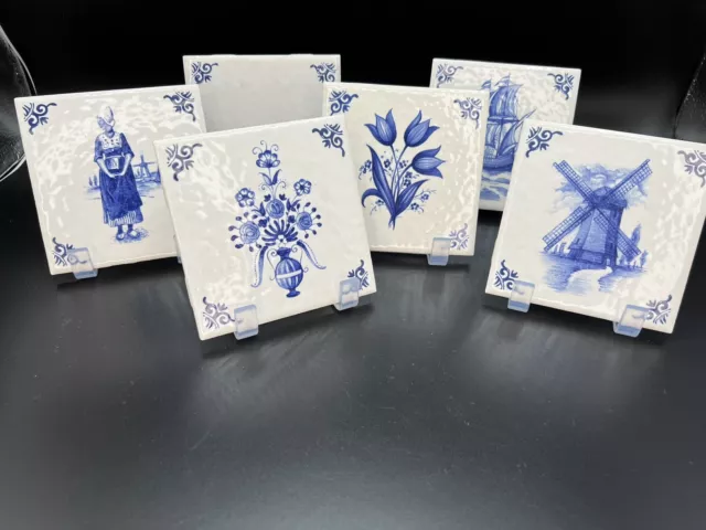 Vintage DELFT Blue and White Whaleship Tiles Set Of 6 Dutch Girl Flowers 4.5”