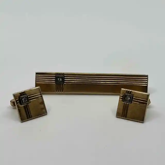 1940s Art Deco Anson Gold Tone Fluted Rhinestone Cufflinks and Tie Bar SE1
