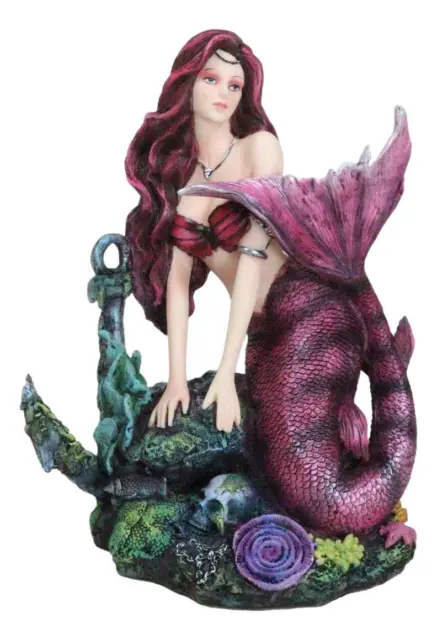 Siren Mermaid Sitting By Sunken Ship Anchor Skull Corals Ocean Graveyard Statue