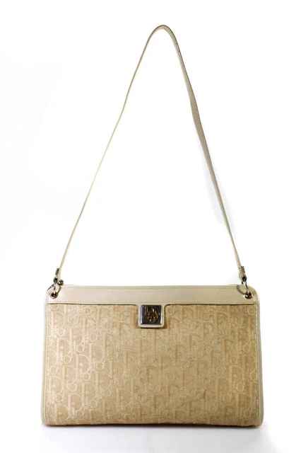 Christian Dior Womens Trotter Canvas Leather Trim Shoulder Handbag Beige