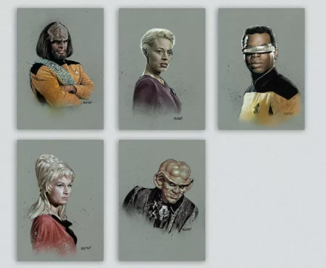 Star Trek 5 A4 superb Artprints by fletch. Worf,7 of 9 ,rand ,geordi, quark