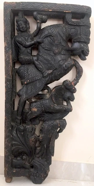 Antique Old Wooden South Indian Horse Lion Bird Figure Temple Door Bracket Panel