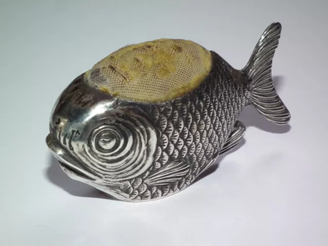 VERY Scarce Antique 1908 Sampson Mordan Solid Silver Fish Pin Cushion