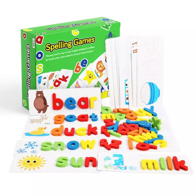 ToyCastle Spelling Games with 52 Wooden alphabets, 28 Double sided Flash Cards