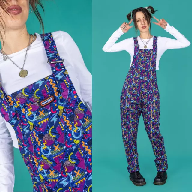 RUN AND FLY Dungarees 90's Arcade Print Stretch Twill Cotton Funky Retro Bright