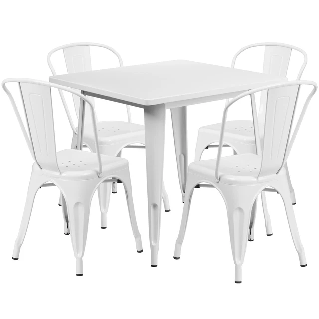 31.5in Square Metal Table Set with 4 Bistro-Style Chairs- White ETCT002430WH