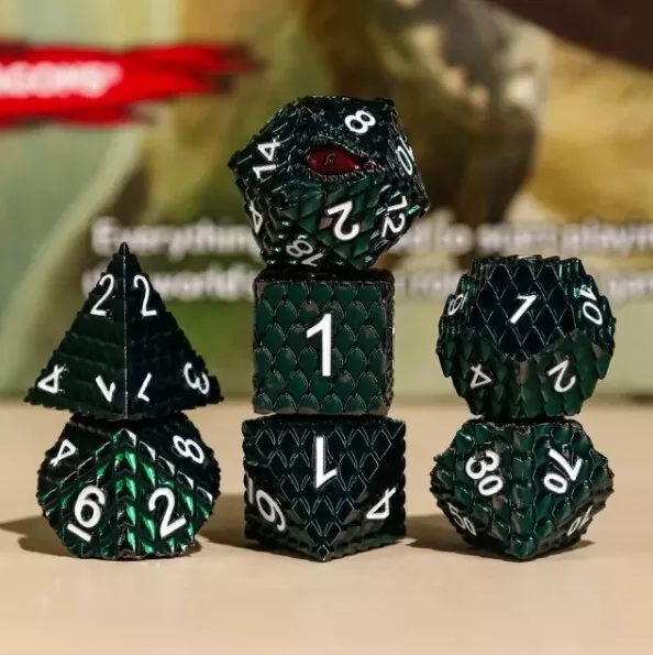 Galactic Dice Premium Dice Sets - Witch Dark Green Dragon Set of 7 Dice with Tin