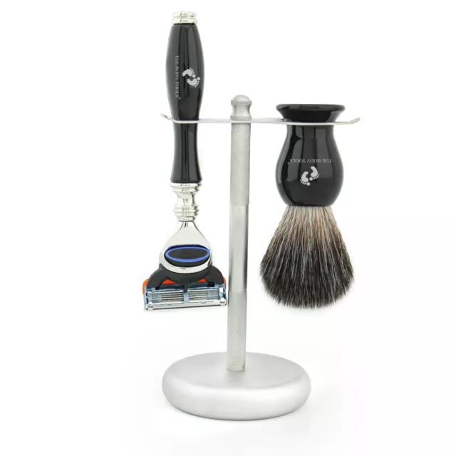 Lujoso 3 Pieza Hombre Cuidado Afeitado Set Negro Sintético Cepillo 5 Filo Razors