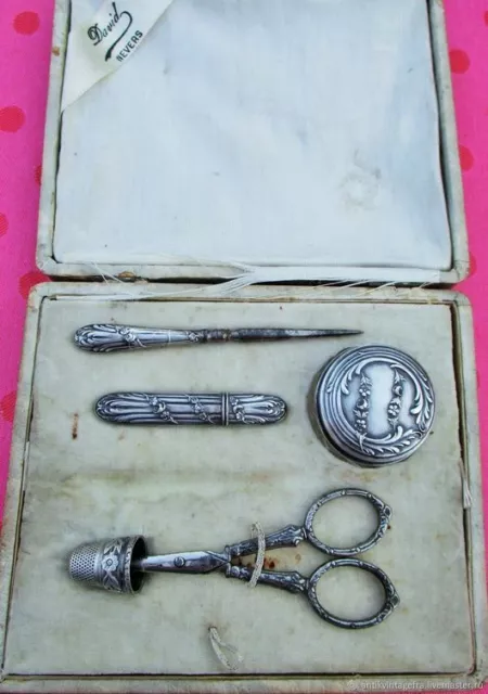 Kit de couture ancien pour couture Fleurs argent 19ème siècle France Antique sew 3