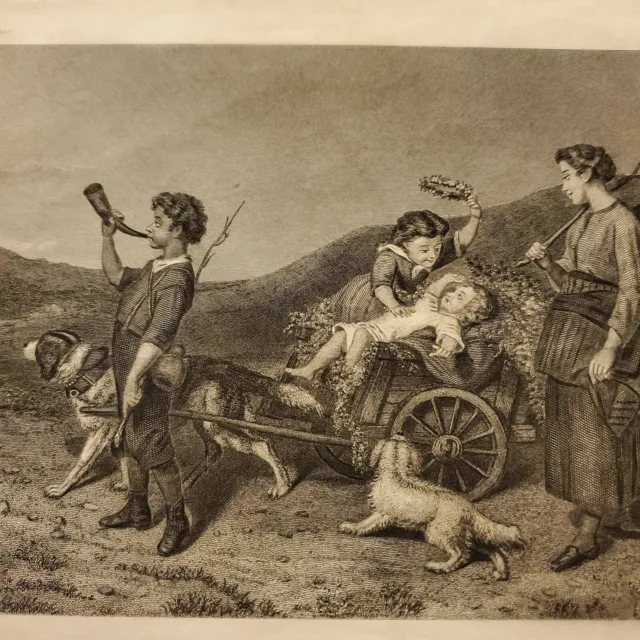 The Herald of Spring Dog Pulling Cart w/ Children Lithograph 6" x 9" Vintage
